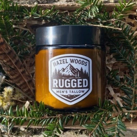 Jar of Hazelwoods Rugged men's tallow balm with cedarwood, geranium and fir balsam essential oils
