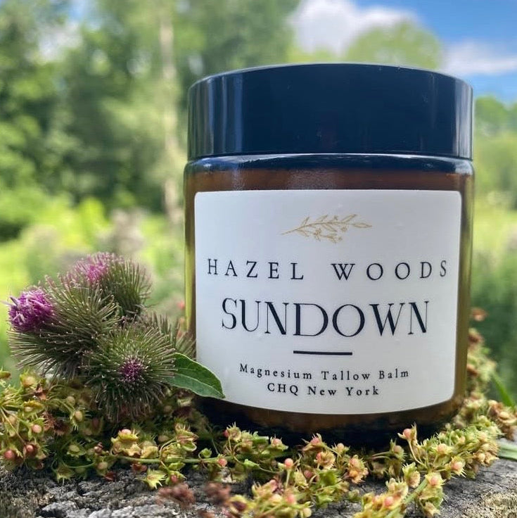 Jar of Hazelwoods Sundown magnesium tallow balm for muscle relief, relaxation and better sleep
