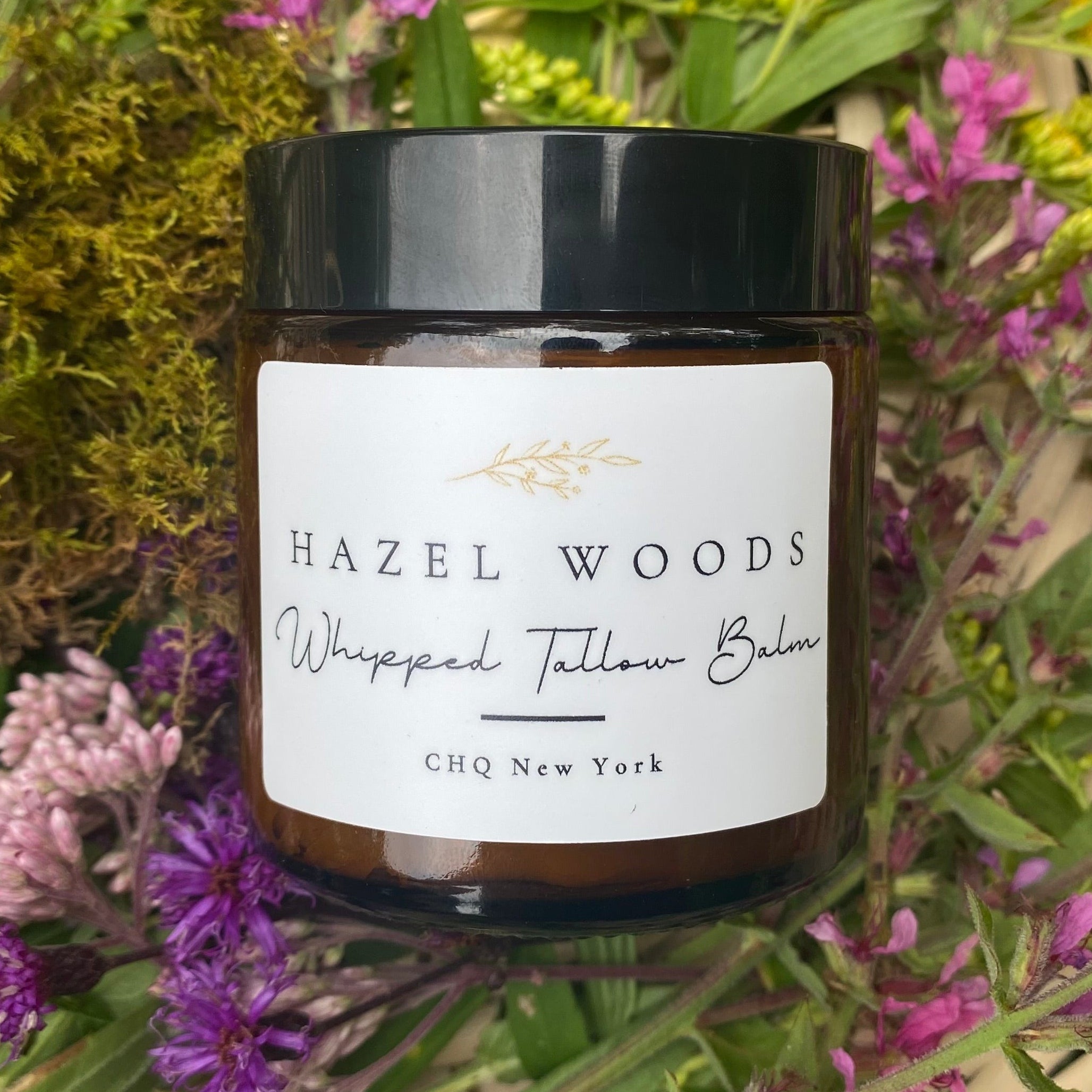 Jar of Hazelwoods Whipped Tallow Balm, a grass-fed tallow moisturizer handmade in Chautauqua County, NY